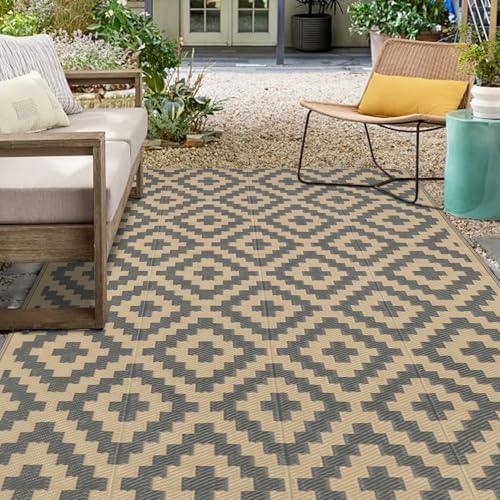 SAND MINE Reversible Mats, Plastic Straw Rug, Modern Area Rug, Large Floor Mat and Rug for Outdoors, RV, Patio, Backyard, Deck, Picnic, Beach, Trailer, Camping, Grey & Tan, 5' x 8' by SANDMIND