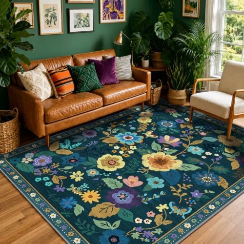 RELEANY Floral Washable 5x7 Area Rugs Teal/Purple by RELEANY