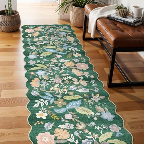 3x12 Washable Hallway Runner Rug: Floral Scalloped Kitchen Runner Rug Green - Image 2