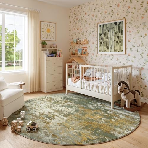 Green Round Area Rugs 4ft Washable Circle Rug for Entryway Kitchen, Non Slip Soft Low Pile Stain Resistant, Boho Circular Carpet for Living Room Bedroom Dorm Dining Room Table, Abstract Sage Green - Image 3