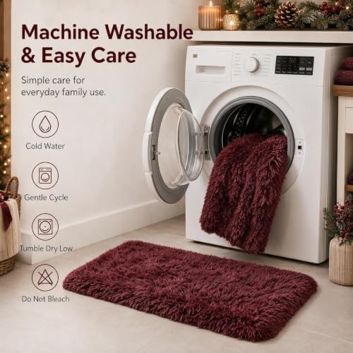 Burgundy Shaggy Bathroom Rugs Set Plush Velvet Bath Rugs Non-Slip Bath Mat Set 3 Piece,Washable Mats,Absorbent Shaggy Rugs Super Soft U-Shaped Toilet Rug,Bahroom Carpets for Bathroom,Tub,Shower - Image 4