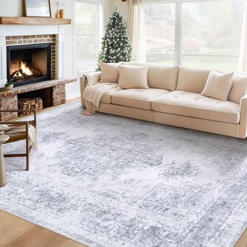 XLUEZ Area Rug 6x9 Living Room Rug, Machine Washable Vintage Distressed Medallion Rug Non-Slip Soft Low Pile Large Indoor Rugs for Bedroom Kitchen Dining Room Office(LightGrey,6'x9') by XLUEZ
