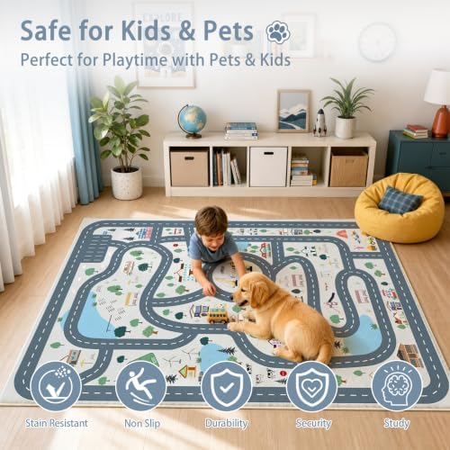 Car Rug Play Mat for Kids, Non Slip Car Track Rug Town City Road Map Playmat for Children, Washable Carpet for Boy Playroom Bedroom - 3x5 Ft - Image 4