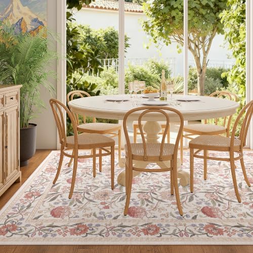 DUKINO 4x6 Area Rug, Washable Vintage Floral Rug for Living Room Beige Pink - Image 5