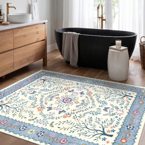 4x5 Area Rug Washable Vintage: Non Slip Entryway Floor Carpet Blue Ivory - Image 6