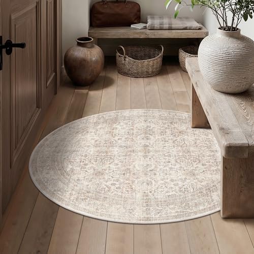 Schweek 4ft Round Rug Neutral Beige Washable Non-Slip Circle Rug Area Rugs by Schweek