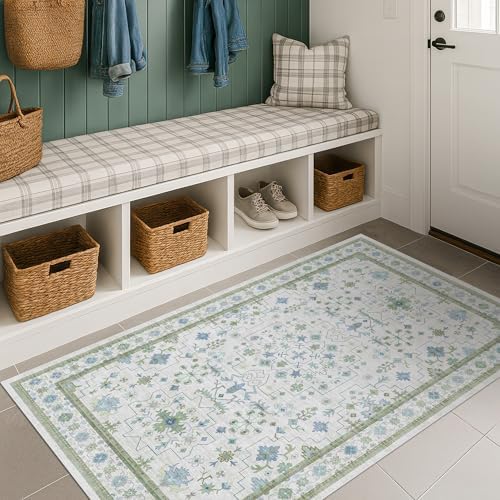 Blue and Green Washable Entryway Rugs 3x5 - Vintage Boho Floral Pastel Cream, Washable Low Pile Non Slip Small Throw Accent Area Rug for Door Mat Indoor Entrance, Kitchen, Bedroom Beside Bed Decor - Image 6