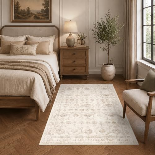 Washable 3x5 Entryway Area Rug Non-Slip Distressed Beige Throw Carpet - Image 4