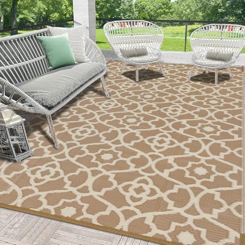 HEBE Waterproof Outdoor Rug 8'x10', Geometric Reversible Plastic Patio Rug by HEBE