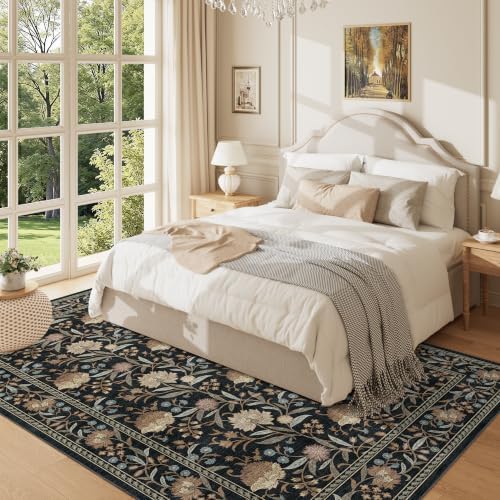 DUKINO 5x7 Area Rugs, Vintage Floral Washable Rug for Living Room, Black - Image 5