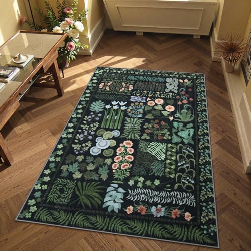 Zealude Floral Boho 3x5 Black Bathroom Entryway Kitchen Rug Non Slip Washable, Botanical Flower Area Rugs for Bedroom, Soft Modern Indoor Throw Carpet for Laundry Living Room Entrance (Black,3 x 5) by Zealude
