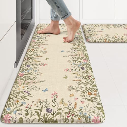 KIMODE Kitchen Mats Cushioned Anti Fatigue 17"x47"+17"x29", Farmhouse Kitchen Mats for Floor 2 Piece, Padded Kitchen Floor Mats Non Slip, Cream Wildflower Standing Mat for Laundry Bath Sink Office by StayinComfortCookwithJoy