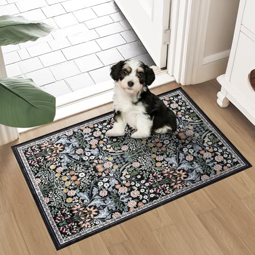 PLHXFR 2x3 Small Entryway Rug: Floral Washable Indoor Carpet Dark Black - Image 2