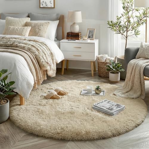 Amdrebio Beige Boho Round Circle Fluffy Area Rug 4Ft for Bedroom Nursery by Amdrebio