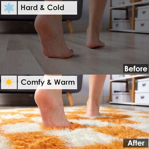 KICMOR 8x10 Area Rugs for Living Room, Large Soft Fluffy Checkered Big Fuzzy Shag Shaggy Carpet for Bedroom, Orange and Cream White Plush Rug for Kids Boys Girls Dorm Nursery Home Decor Aesthetic - Image 5
