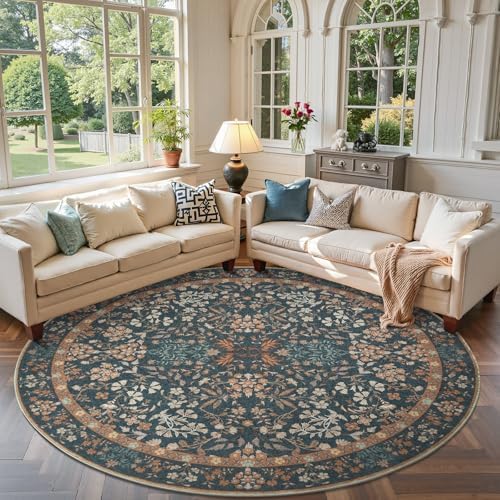 jinchan 7ft Washable Round Area Rug, Vintage Floral, Dark Blue by JINCHAN