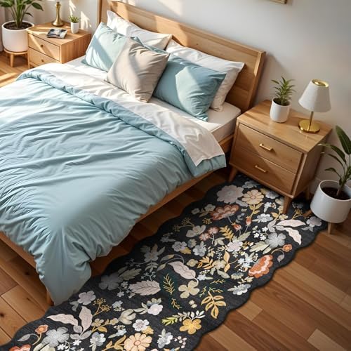 2x8ft Scalloped Hallway Runner Rug: Washable Floral Kitchen Runner Black - Image 7