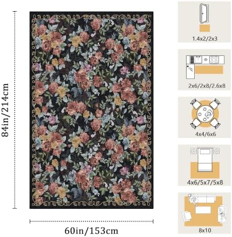 Washable 5x7 Area Rug, Navy Boho Floral Non-Slip for Living Room, Bedroom - Image 2