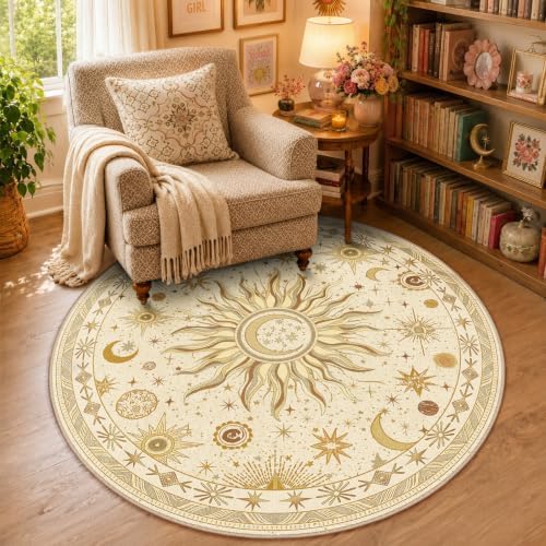 Vacuum-Friendly, Round 4ft Washable Area Rug, Beige Camel Brown by meejou