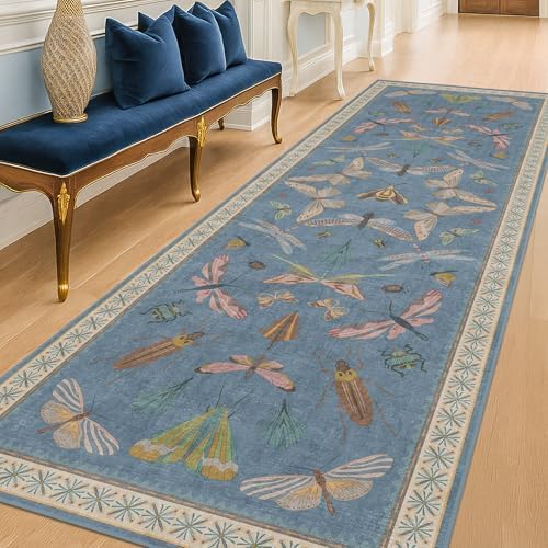 2'6''x10' Blue Insect Runner Rug for Hallway, Washable Kitchen Sink Rug with Non Slip Backing, Vintage Colorful Entryway Carpet by HazoHaus