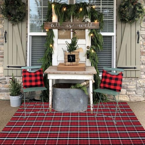 Buffalo Plaid Outdoor Rug, 4' x 6' Christmas Red & Black Check Indoor/Outdoor Area Rug, Layering Rug for Hello/Welcome Door Mat, Machine Washable Cotton Woven Farmhouse Mat for Front Porch Decor - Image 2