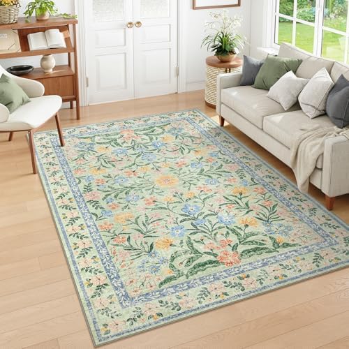 Wonnitar Washable Floral 6x9 Rug, Soft Green Area Rug Boho Non Slip Dining Room Carpet, Non-Shedding Flower Floor Carpets for Kids Bedroom Living Room Dorm Playroom by Wonnitar