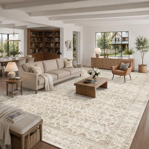 JOOJA 10x14 Large Beige Vintage Low Pile Non Slip Washable Neutral Area Rug by JOOJA