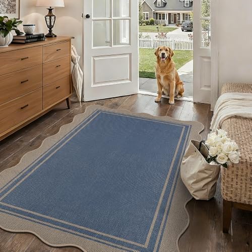 Easy Jute 3x5 Outdoor Scalloped Rug Washable Entryway Rug Blue by Zeeinx