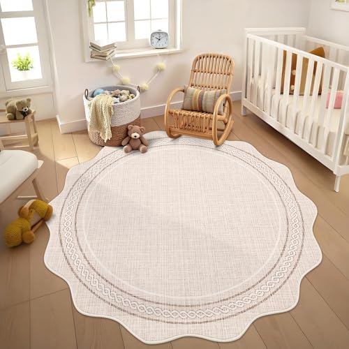 GarveeHome Scalloped Round Rugs 6Ft Washable Area Rug for Playroom, Beige by GarveeHome