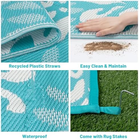 HEBE Waterproof Outdoor Rug 5'x8', Floral Reversible Plastic Patio Rug - Image 4