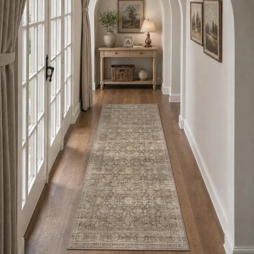 JOOJA 2x5 Neutral Tan Vintage Floral Low Pile Non Slip Washable Runner Rug - Image 3