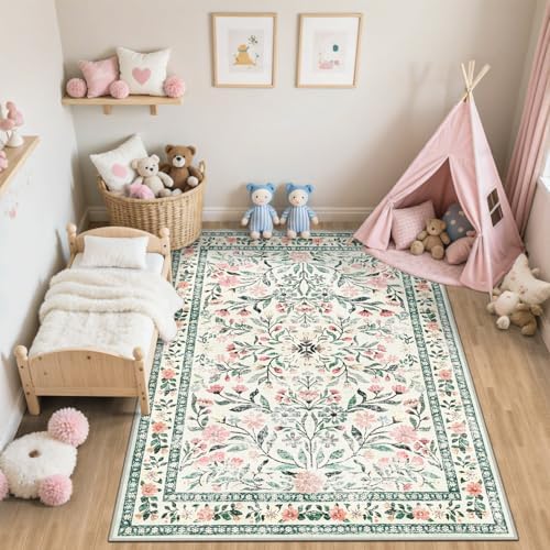 PLHXFR 6x9 Area Rug Living Room: Floral Washable Boho Carpet Green Beige - Image 5