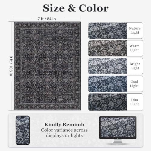 Vintage Dark 7x9 Rugs for Bedroom, Washable Non Slip Low Pile Thin Area Rug for Living Room Dining Room, Farmhouse Carpet Rug for Playroom Guest Room Home Office, Farmhouse Distressed Midnight - Image 2
