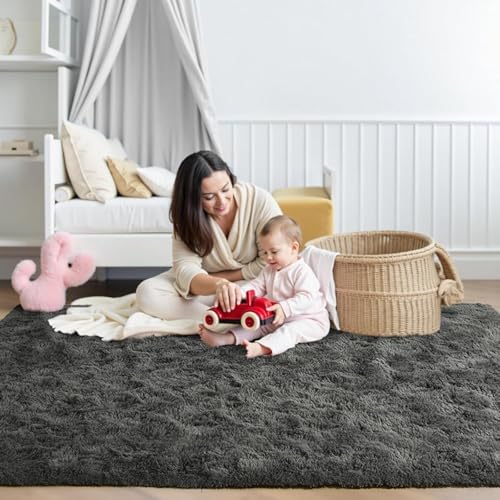 FinRèc Home 7x10 Non-Slip Fluffy Area Rugs for Living Room (Dark Grey) - Image 2
