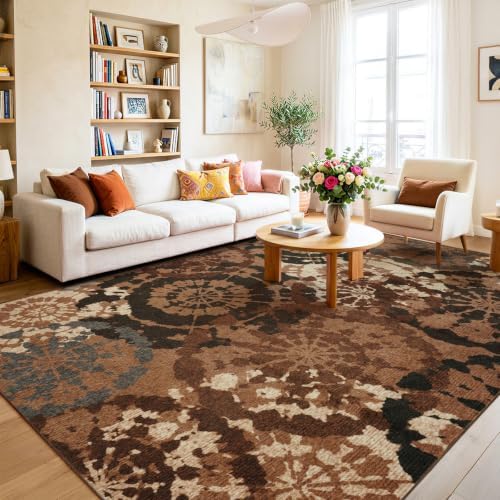 Large Boho Modern 9x12 Area Rug, Rust & Taupe Low-Pile Washable Rug - Image 3