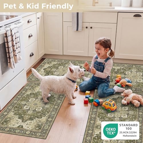 3 Piece Kitchen Rugs Sets with Runner, Washable Non Slip Soft Boho Kitchen Mats, Low Pile Stain Resistant Carpet for Hallway, Laundry Room, Entryway, Home Decor (20"x32"+20"x48"+20"x59", Olive Green) - Image 5