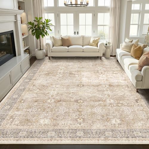 Beige Big Rug 10x12, Vintage Neutral Carpet Large Size 10x12 for Living Room Bedroom, Washable Non Slip Low Pile Thin Room Rug for Dining Room Family Room, Farmhouse Beige Taupe by Jainmy
