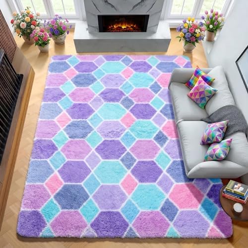 Checkered 6x9 Area Rugs for Living Room, Fluffy Purple Rainbow Girls Rug - Image 4