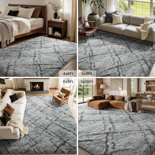 6x9 Non-Slip Fluffy Area Rugs For Living Room (Black and Grey Stripe) - Image 6