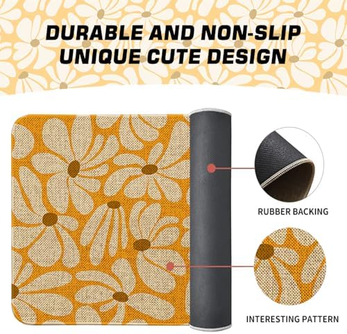 Spring Daisy Floral Kitchen Mats Decor, Yellow Retro Groovy Flower Power Kitchen Rugs Sets of 2, Vintage 1970s Floral Rug Home Decorations Indoor - Image 5