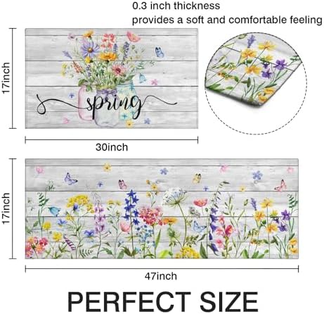 Spring Kitchen Rug Set of 2,Non-Slip Washable Kitchen Mats,Wood Grain Floral Kitchen Mats,Spring and Summer Holiday Decorations for Home Kitchen,17x30+17x47 Inch - Image 3