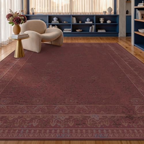 Muted Burgundy Vintage Washable 8x10 Area Rug for Living Room, Non-Slip Distressed Rug for Bedroom & Dining Room, Low Pile Stain Resistant Floor Carpet, Traditional Farmhouse Décor by TALANOVA