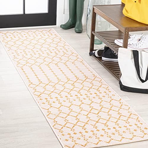 JONATHAN Y Moroccan Geometric Indoor Outdoor Runner Rug 2X8 Cream/Yellow, Ourika Textured Weave for Backyard, Patio, Porch, Easy-Cleaning, High Traffic, Pet-Friendly, Non-Shedding (SMB108J-28) by JONATHANY
