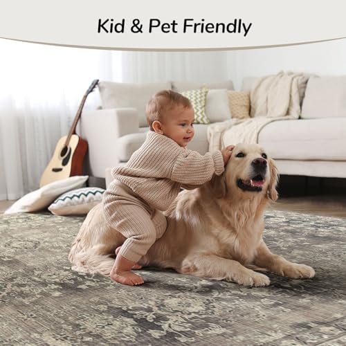 Lessymo 5x7 Area Rugs for Living Room, Machine Washable Non Slip Rug, Soft Low Pile Carpet for Bedroom Dining Home Office, Vintage Brown Distressed Floral Floor Mat - Image 6