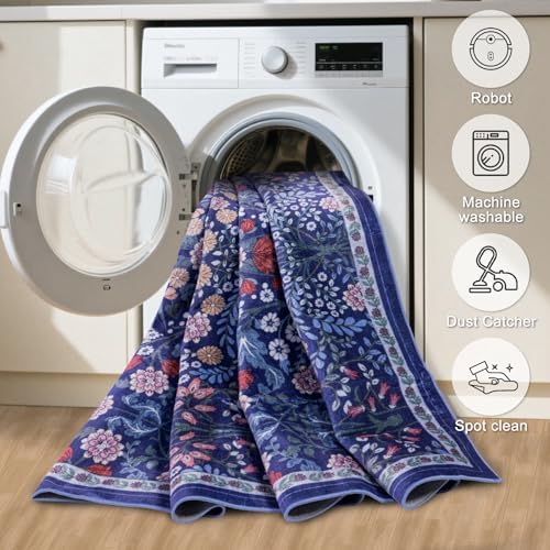 PLHXFR 8x10 Area Rug Living Room: Floral Washable Boho Soft Carpet Blue - Image 5