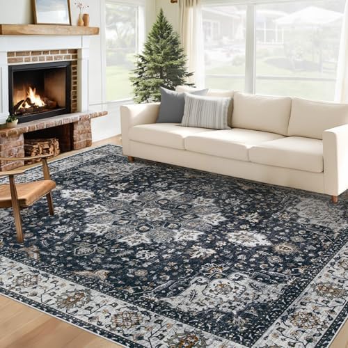 Area Rug 6x9 Washable Rug, Vintage Boho Medallion Rugs Non-Slip Soft Low Pile Large Distressed Rug Indoor Retro Carpet for Living Room Bedroom Dining Room Home Office (Vintage Black, 6'x9') by VECARF