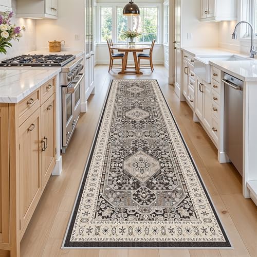 Kitchen Runner Rug 4x12 Washable - Wide Vintage Hallway Entryway Rugs with Non Slip Backing Indoor Stain Resistant Thin Carpet for Living Room Bedroom Ultra Soft Home Decor Floor Mat 4'x12' Black - Image 3