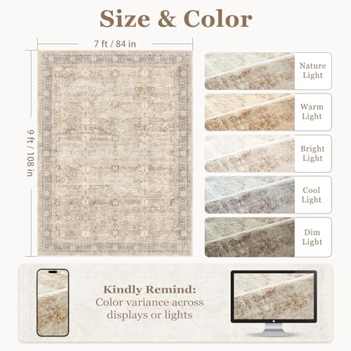 Vintage Neutral 7x9 Rugs for Bedroom, Washable Non Slip Low Pile Thin Area Rug for Living Room Dining Room, Farmhouse Carpet Rug for Playroom Guest Room Home Office, Earth Tone Beige Taupe - Image 2