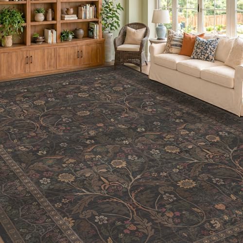 9x12 Botanical Big Rugs for Living Room, Machine Washable Soft Flower Area Rugs for Bedroom, 9 by 12 Dining Room Rugs for Under Table Non Slip (Dark Brown & Olive) by Evyhood