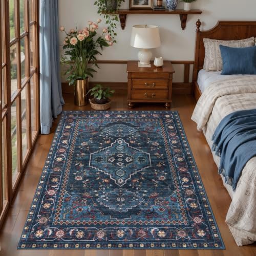 Tangsoo Oriental Blue 3X5 Washable Rugs for Entryway, Non Slip Vintage Indoor Accent Rug Carpet, Boho Soft Low Pile Tumble Rug for Living Room Dining Bedroom Bedside Entry Home Decor by Tangsoo